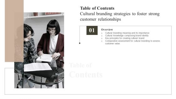 Table Of Contents Cultural Branding Strategies To Foster Strong Customer Relationships Mockup PDF