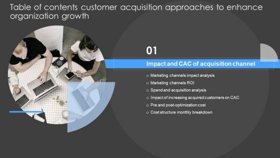 Table Of Contents Customer Acquisition Approaches To Enhance Organization Growth Cost Elements PDF Table Of Contents Customer Acquisition Approaches To Enhance Organization Growth Cost Elements PDF
