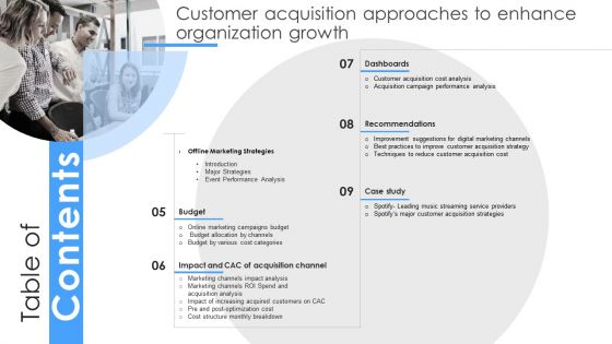 Table Of Contents Customer Acquisition Approaches To Enhance Organization Growth Graphics PDF