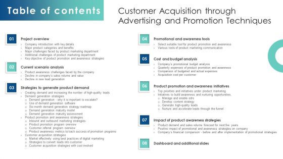 Table Of Contents Customer Acquisition Through Advertising And Promotion Techniques Icons PDF