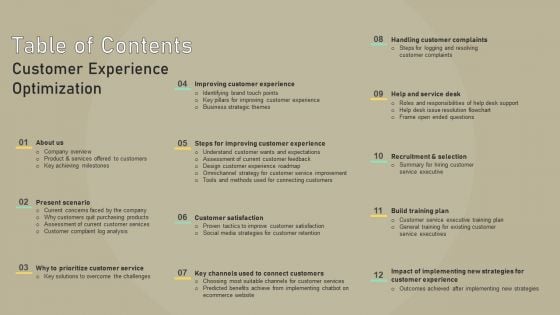 Table Of Contents Customer Experience Optimization Themes PDF