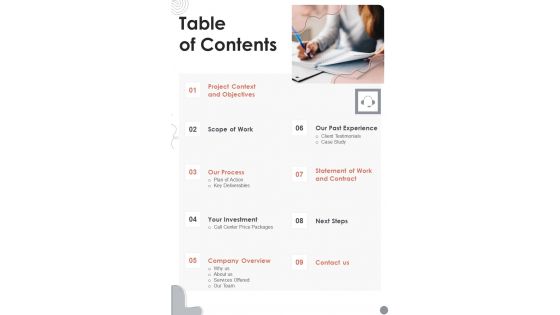 Table Of Contents Customer Support Centre Proposal One Pager Sample Example Document Table Of Contents Customer Support Centre Proposal One Pager Sample Example Document