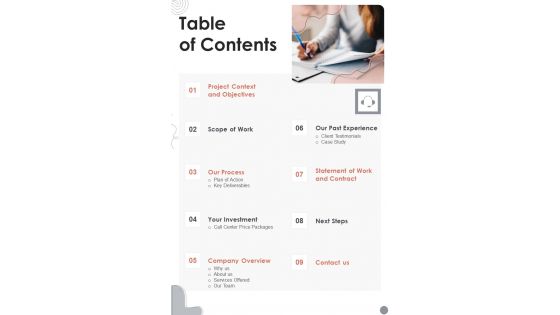 Table Of Contents Customer Support Centre Proposal One Pager Sample Example Document