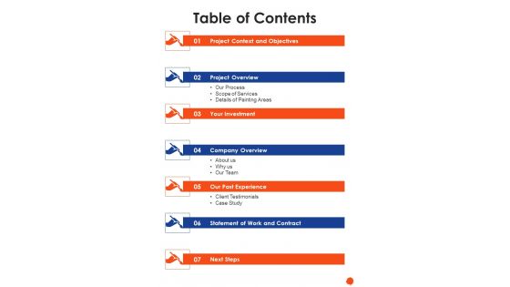 Table Of Contents Customized Painting Service Proposal One Pager Sample Example Document Table Of Contents Customized Painting Service Proposal One Pager Sample Example Document