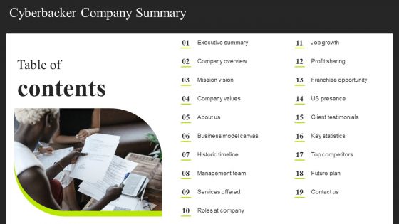 Table Of Contents Cyberbacker Company Summary Sample PDF