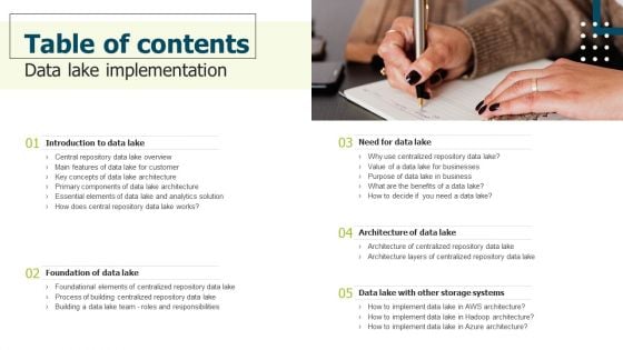 Table Of Contents Data Lake Implementation Ppt PowerPoint Presentation Gallery Slides PDF Table Of Contents Data Lake Implementation Ppt PowerPoint Presentation Gallery Slides PDF