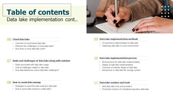 Table Of Contents Data Lake Implementation Ppt PowerPoint Presentation Gallery Slides PDF