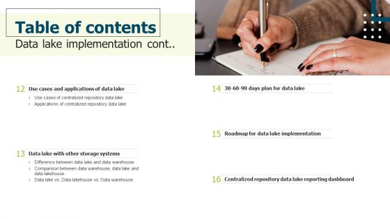Table Of Contents Data Lake Implementation Ppt PowerPoint Presentation Gallery Slides PDF