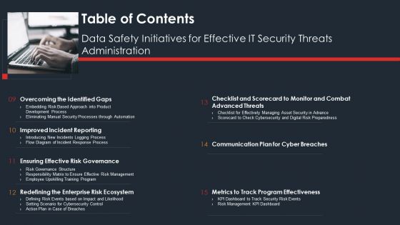 Table Of Contents Data Safety Initiatives For Effective IT Security Threats Administration Summary PDF