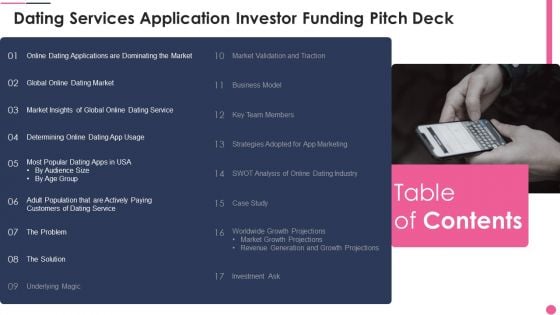 Table Of Contents Dating Services Application Investor Funding Pitch Deck Guidelines PDF