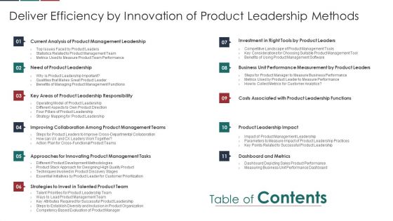 Table Of Contents Deliver Efficiency By Innovation Of Product Leadership Methods Themes PDF