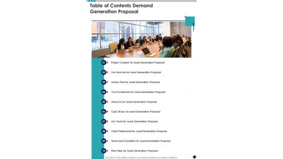 Table Of Contents Demand Generation Proposal One Pager Sample Example Document