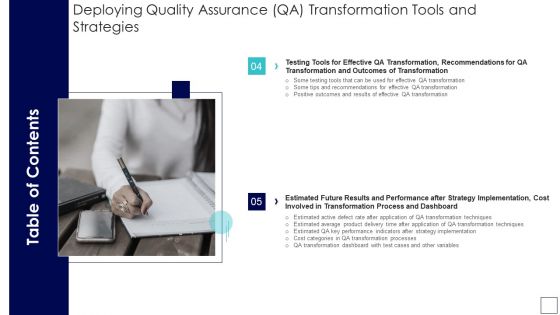 Table Of Contents Deploying Quality Assurance QA Transformation Tools And Strategies Cont Summary PDF