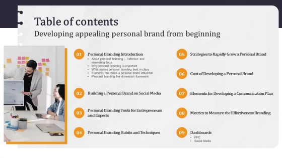 Table Of Contents Developing Appealing Personal Brand From Beginning Information PDF