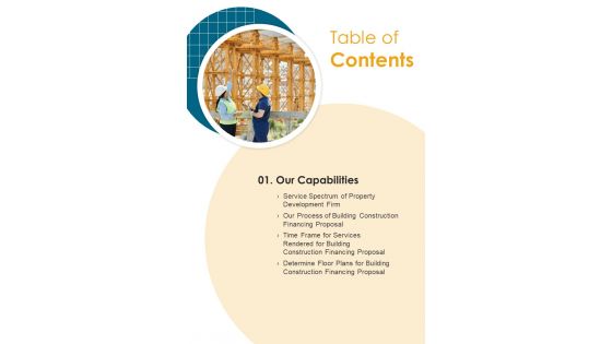 Table Of Contents Developing Construction Funding Proposal One Pager Sample Example Document