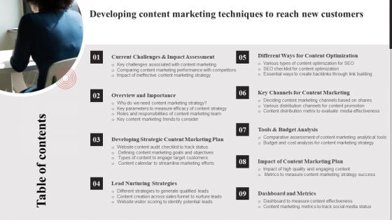Table Of Contents Developing Content Marketing Techniques To Reach New Customers Guidelines PDF Table Of Contents Developing Content Marketing Techniques To Reach New Customers Guidelines PDF