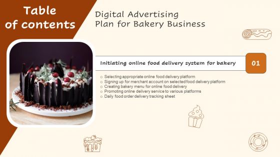 Table Of Contents Digital Advertising Plan For Bakery Business Structure PDF