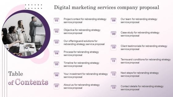 Table Of Contents Digital Marketing Services Company Proposal Brochure PDF Table Of Contents Digital Marketing Services Company Proposal Brochure PDF