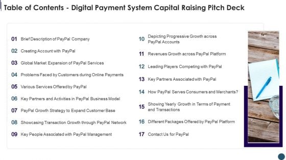 Table Of Contents Digital Payment System Capital Raising Pitch Deck Download PDF Table Of Contents Digital Payment System Capital Raising Pitch Deck Download PDF