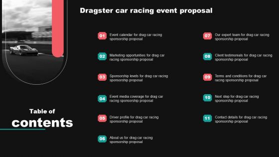 Table Of Contents Dragster Car Racing Event Proposal Ppt Model Backgrounds PDF