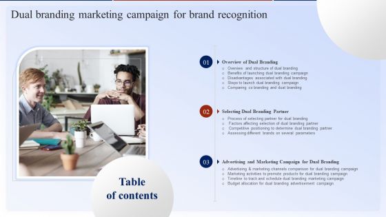 Table Of Contents Dual Branding Marketing Campaign For Brand Recognition Demonstration PDF