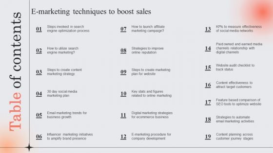 Table Of Contents E Marketing Techniques To Boost Sales Introduction PDF