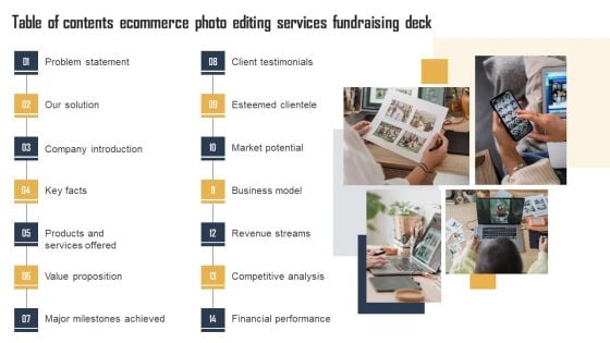 Table Of Contents Ecommerce Photo Editing Services Fundraising Deck Template PDF Table Of Contents Ecommerce Photo Editing Services Fundraising Deck Template PDF