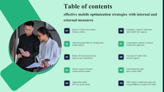 Table Of Contents Effective Mobile Optimization Strategies With Internal And External Measures Graphics PDF