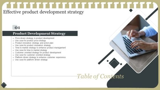 Table Of Contents Effective Product Development Strategy Slide Pictures PDF