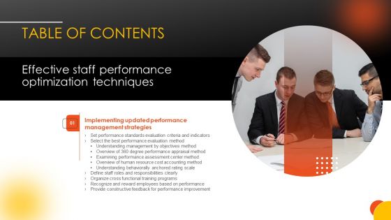 Table Of Contents Effective Staff Performance Optimization Techniques Scale Brochure PDF