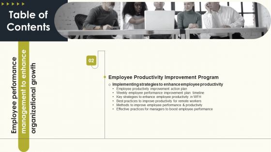 Table Of Contents Employee Performance Management To Enhance Organizational Growth Slide Diagrams PDF Table Of Contents Employee Performance Management To Enhance Organizational Growth Slide Diagrams PDF