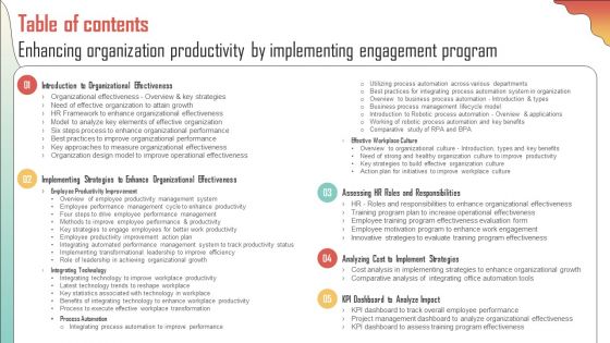 Table Of Contents Enhancing Organization Productivity By Implementing Engagement Program Infographics PDF Table Of Contents Enhancing Organization Productivity By Implementing Engagement Program Infographics PDF