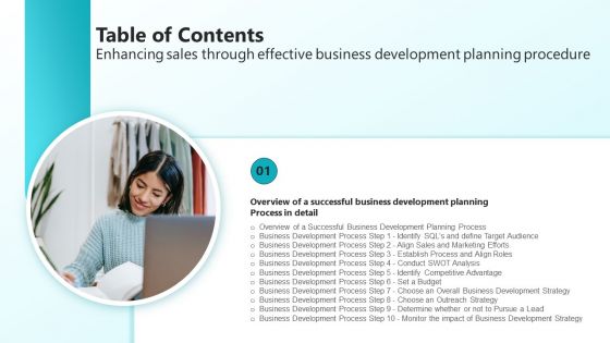 Table Of Contents Enhancing Sales Through Effective Business Development Planning Procedure Slide Topics PDF