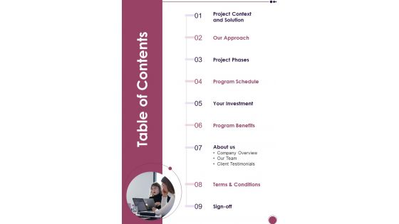 Table Of Contents Enterpreneurship Project Proposal One Pager Sample Example Document