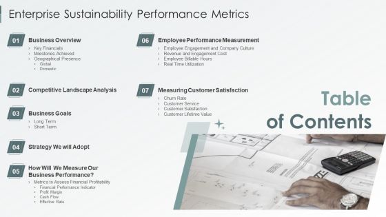 Table Of Contents Enterprise Sustainability Performance Metrics Portrait PDF