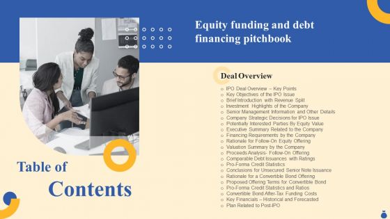 Table Of Contents Equity Funding And Debt Financing Pitchbook Elements PDF
