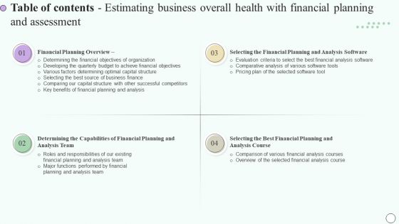 Table Of Contents Estimating Business Overall Health With Financial Planning And Assessment Portrait PDF