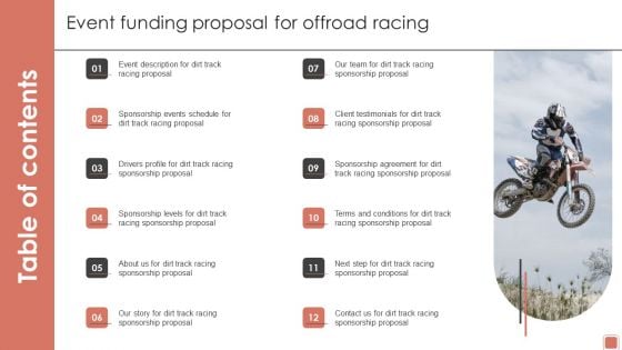 Table Of Contents Event Funding Proposal For Offroad Racing Ideas PDF