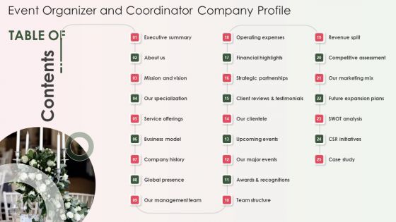 Table Of Contents Event Organizer And Coordinator Company Profile Background PDF
