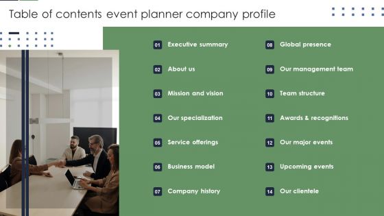 Table Of Contents Event Planner Company Profile Microsoft PDF