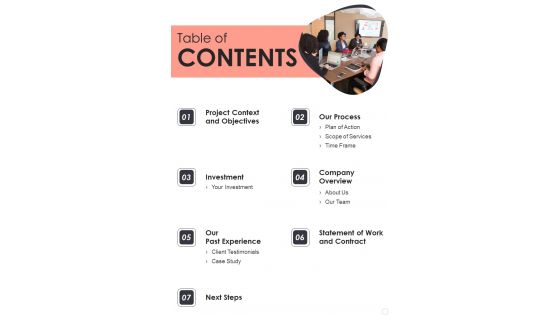 Table Of Contents Event Planning Services Proposal For Corporates One Pager Sample Example Document