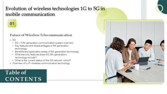 Table Of Contents Evolution Of Wireless Technologies 1G To 5G In Mobile Communication Download PDF