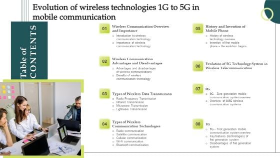Table Of Contents Evolution Of Wireless Technologies 1G To 5G In Mobile Communication Graphics PDF