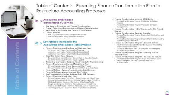 Table Of Contents Executing Finance Transformation Plan To Restructure Accounting Processes Information PDF