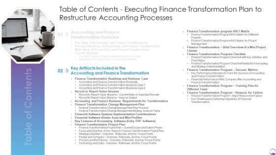 Table Of Contents Executing Finance Transformation Plan To Restructure Accounting Processes Systems Demonstration PDF Table Of Contents Executing Finance Transformation Plan To Restructure Accounting Processes Systems Demonstration PDF