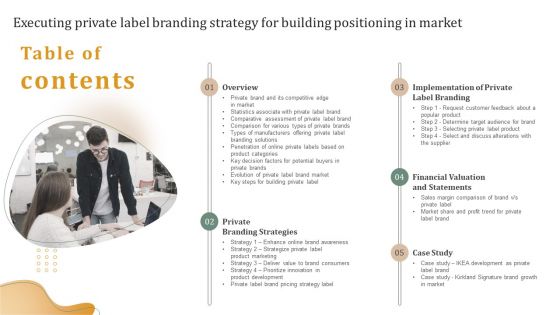 Table Of Contents Executing Private Label Branding Strategy For Building Positioning In Market Sample PDF Table Of Contents Executing Private Label Branding Strategy For Building Positioning In Market Sample PDF