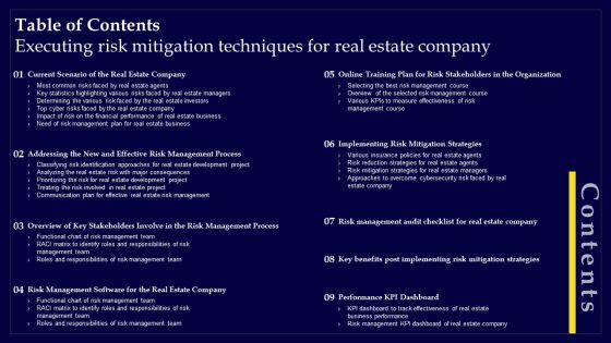 Table Of Contents Executing Risk Mitigation Techniques For Real Estate Company Infographics PDF Table Of Contents Executing Risk Mitigation Techniques For Real Estate Company Infographics PDF