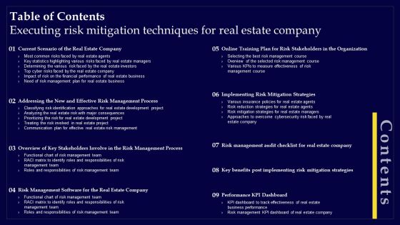 Table Of Contents Executing Risk Mitigation Techniques For Real Estate Company Infographics PDF