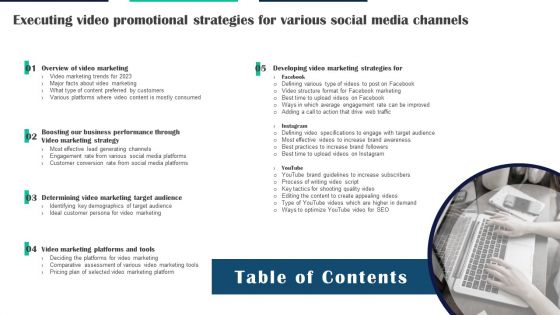 Table Of Contents Executing Video Promotional Strategies For Various Social Media Channels Graphics PDF Table Of Contents Executing Video Promotional Strategies For Various Social Media Channels Graphics PDF