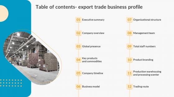 Table Of Contents Export Trade Business Profile Professional PDF